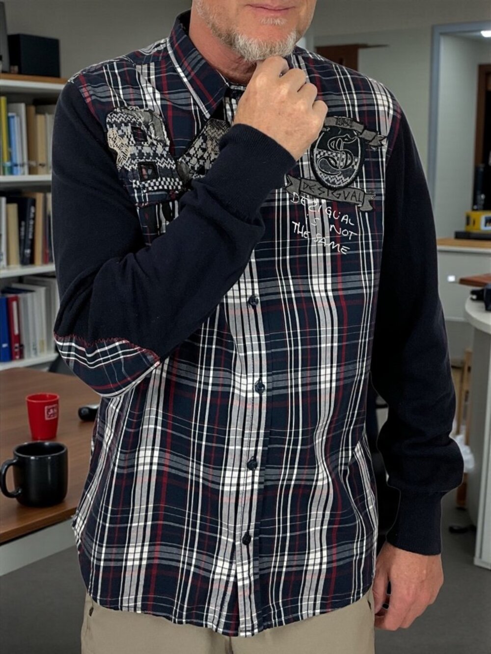 Desigual Button Front Shirt L Blue Plaid Elbow Patches Academia